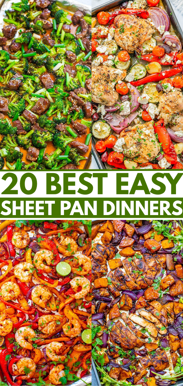 A collage of four colorful sheet pan dinners with vegetables, shrimp, chicken, and beef, labeled "20 Best Easy Sheet Pan Dinners.