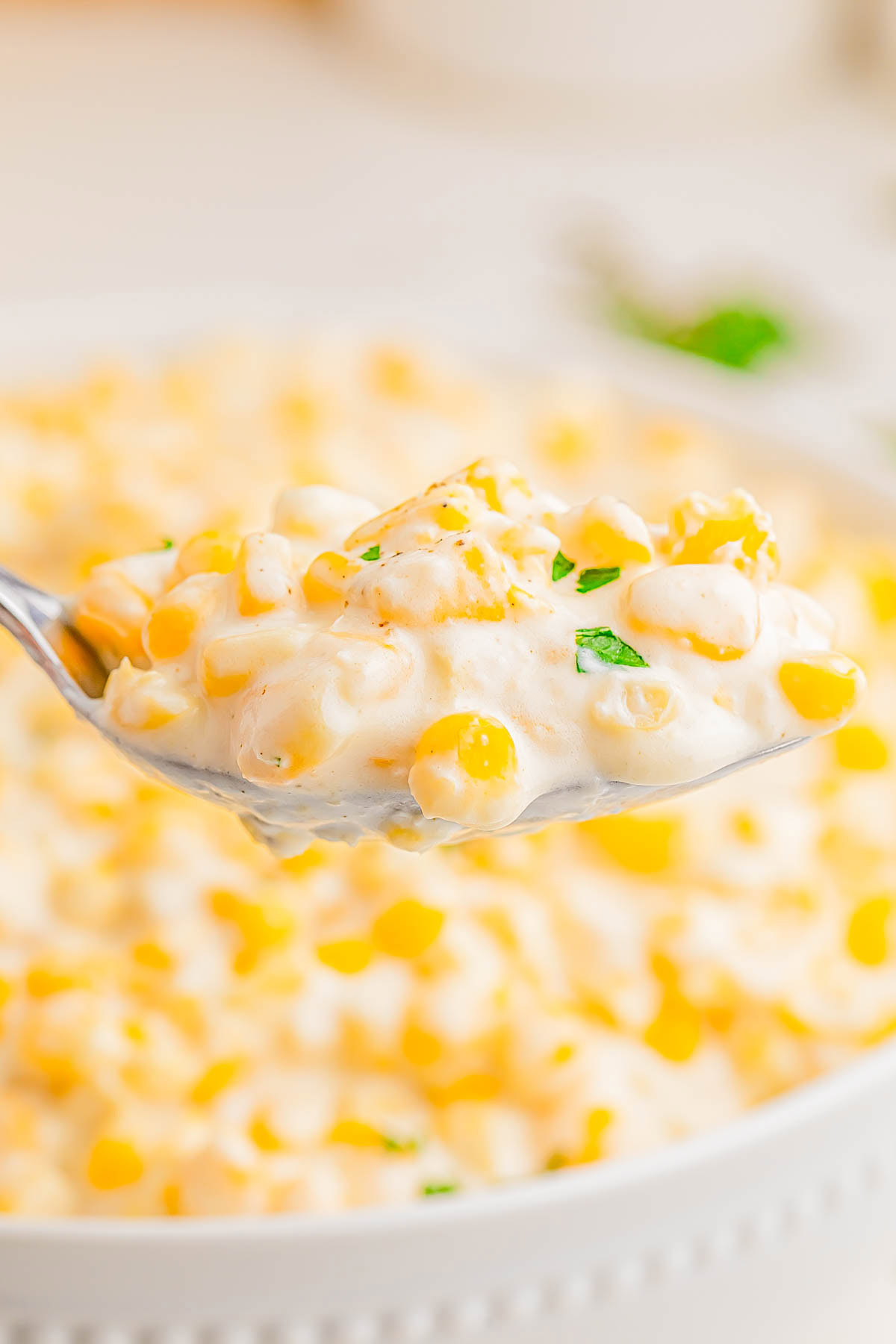 A spoonful of creamy corn casserole garnished with chopped parsley, held above a dish filled with more of the casserole.