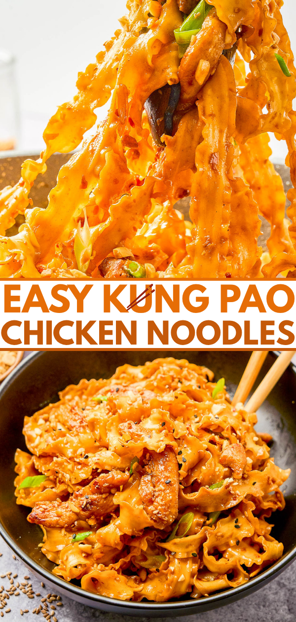 A bowl of kung pao chicken noodles with wavy pasta, chicken pieces, green onions, and sauce, with chopsticks resting on the bowl.
