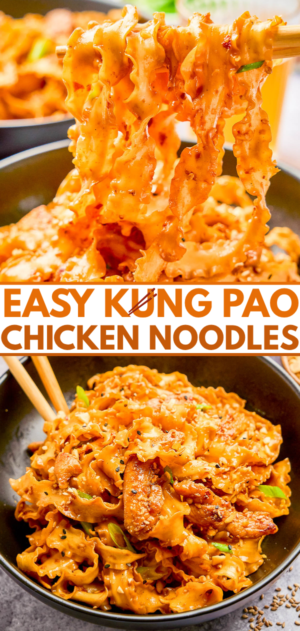 A bowl of kung pao chicken noodles topped with sliced chicken and vegetables, with chopsticks lifting some noodles above the bowl. Text reads: "Easy Kung Pao Chicken Noodles.