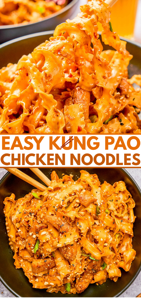 Close-up shots of easy kung pao chicken noodles in a black bowl, topped with sauce and garnished, with chopsticks picking up a portion. Text overlay reads "Easy Kung Pao Chicken Noodles.