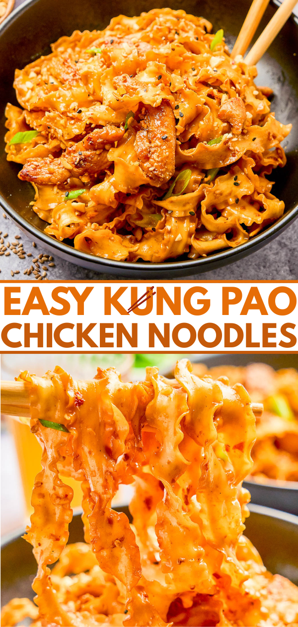 Bowl of Kung Pao chicken noodles garnished with sesame seeds and vegetables, with chopsticks lifting a portion of the saucy noodles.