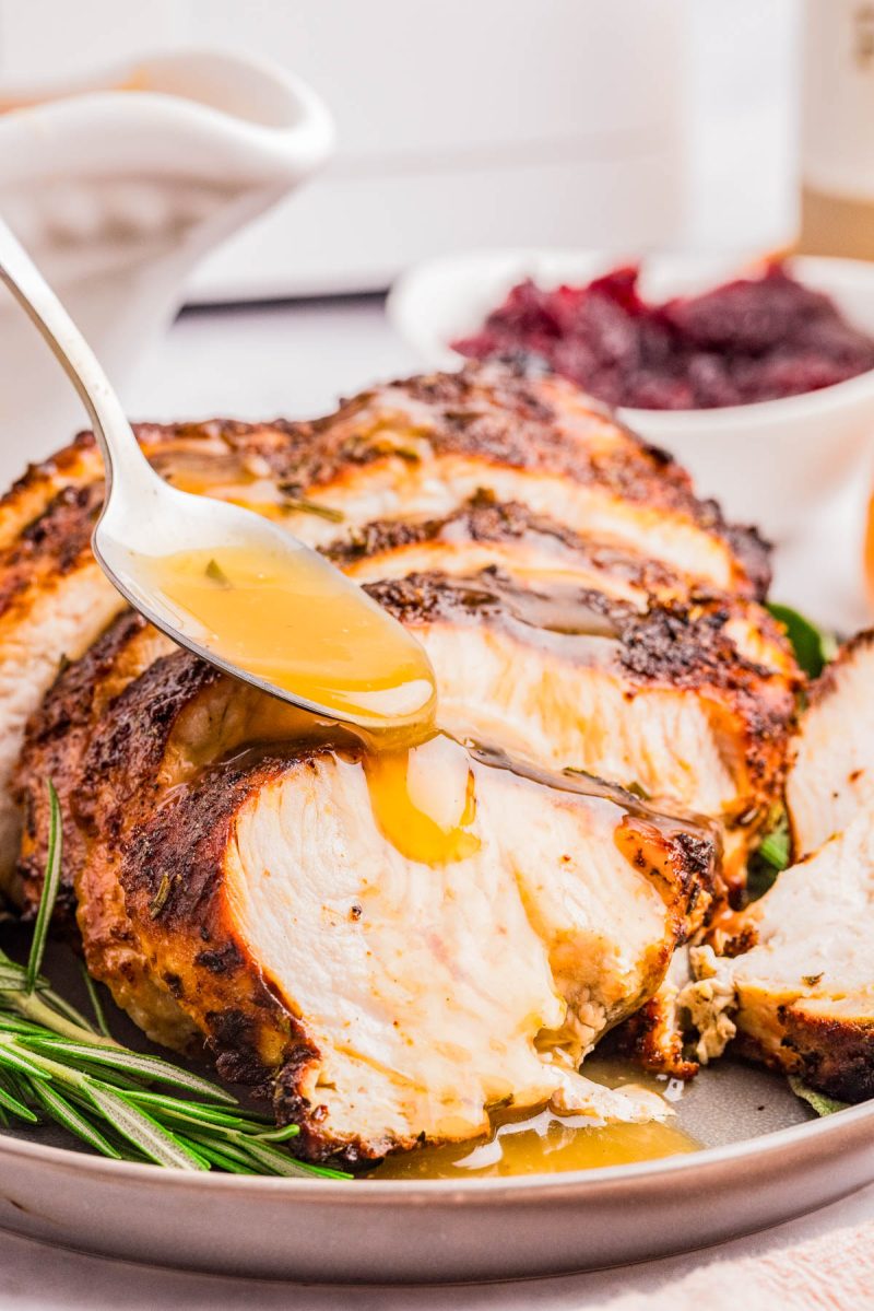Sliced roasted turkey breast is being drizzled with gravy from a spoon, with cranberry sauce visible in the background.