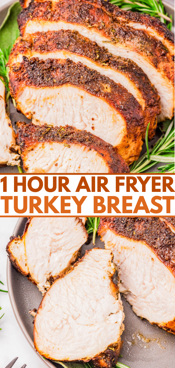 Sliced, cooked turkey breast on a plate with fresh herbs, accompanied by the text "1 Hour Air Fryer Turkey Breast.