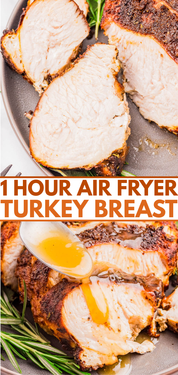 Sliced cooked turkey breast on a plate, some pieces with gravy being poured over them, garnished with rosemary; text reads "1 Hour Air Fryer Turkey Breast.