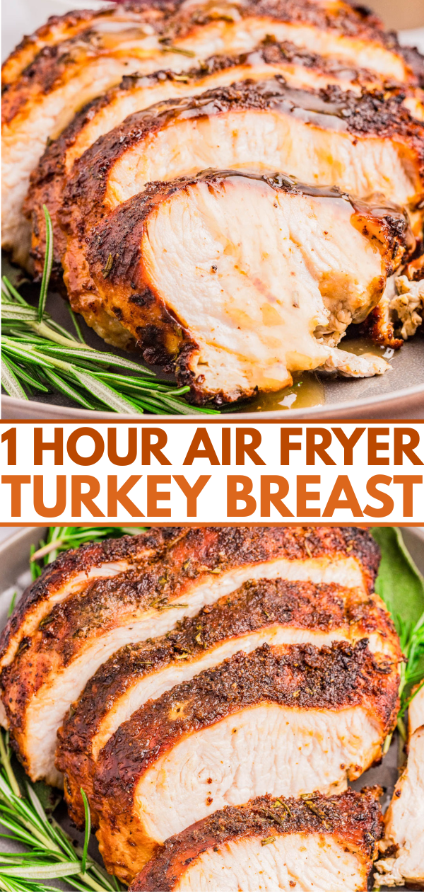 Sliced, seasoned turkey breast on a plate with rosemary garnish, labeled "1 Hour Air Fryer Turkey Breast.