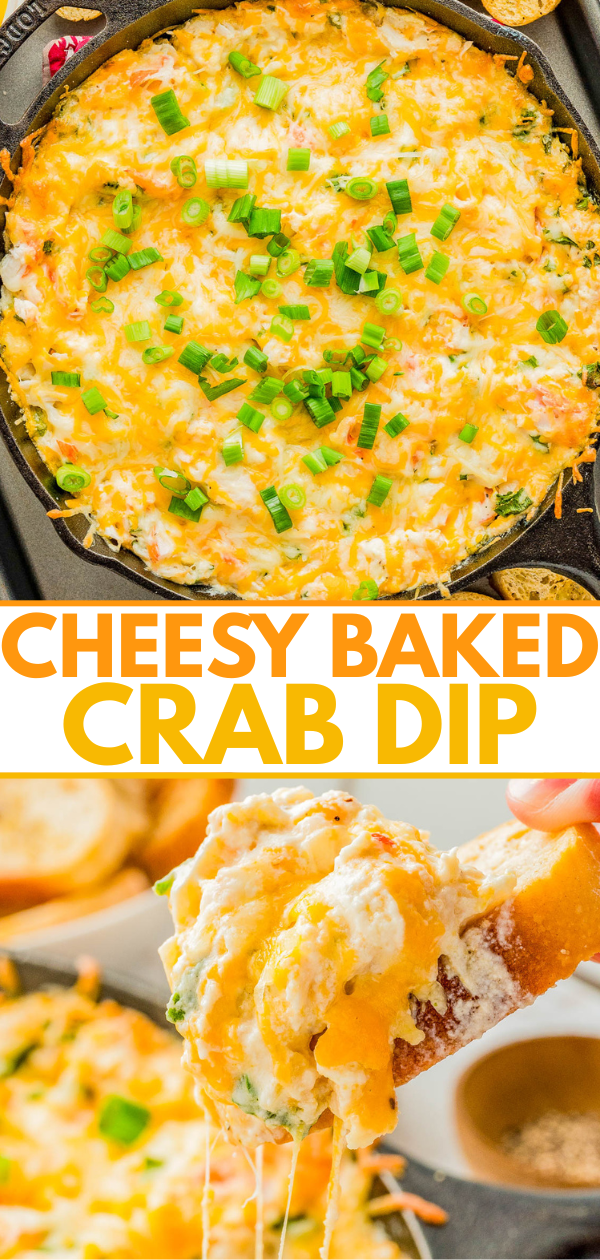 A skillet filled with cheesy baked crab dip topped with chopped green onions. Below, a breadstick is dipped into the creamy, melted mixture.