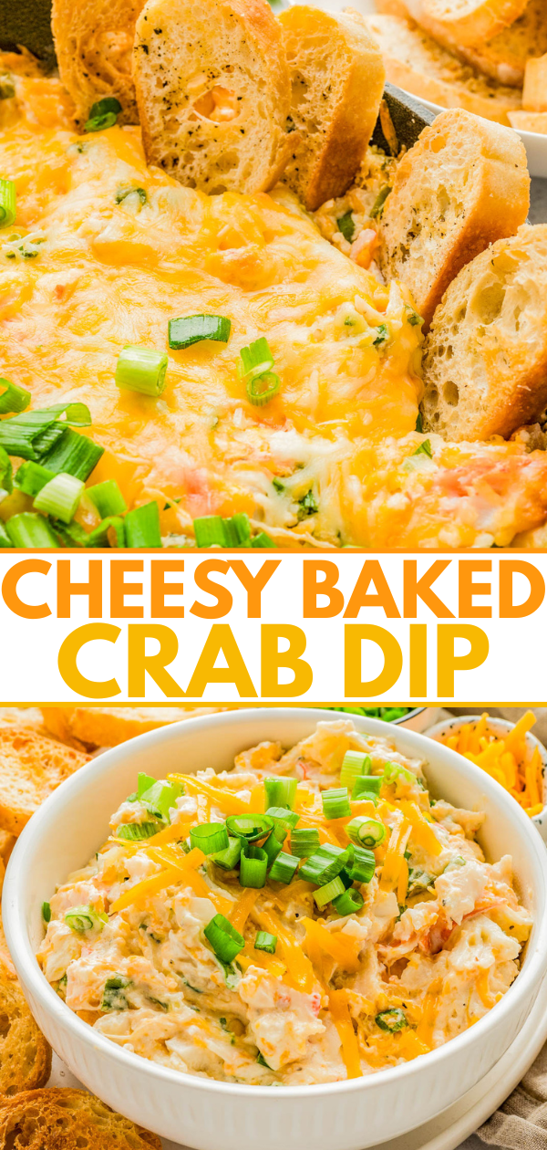 A bowl and skillet of cheesy baked crab dip topped with chopped green onions, served with toasted bread slices.