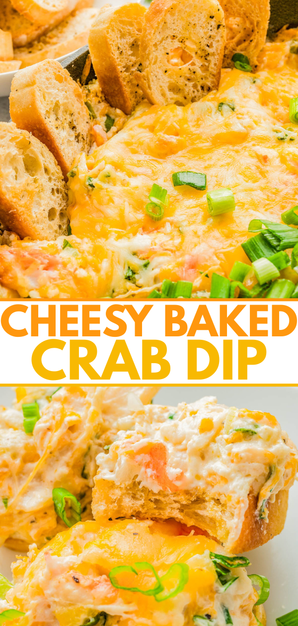 Cheesy baked crab dip topped with melted cheese and chopped green onions, served with toasted bread slices.