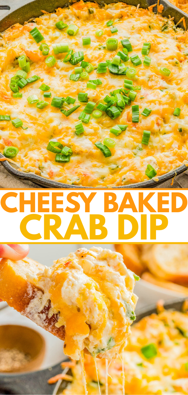 A skillet of cheesy baked crab dip topped with chopped green onions, with a piece of bread being dipped into the melted, cheesy mixture.