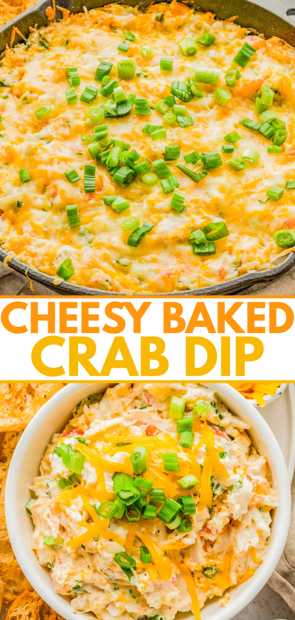 Cheesy baked crab dip topped with chopped green onions shown in a skillet and in a bowl, with shredded cheese and chips around.
