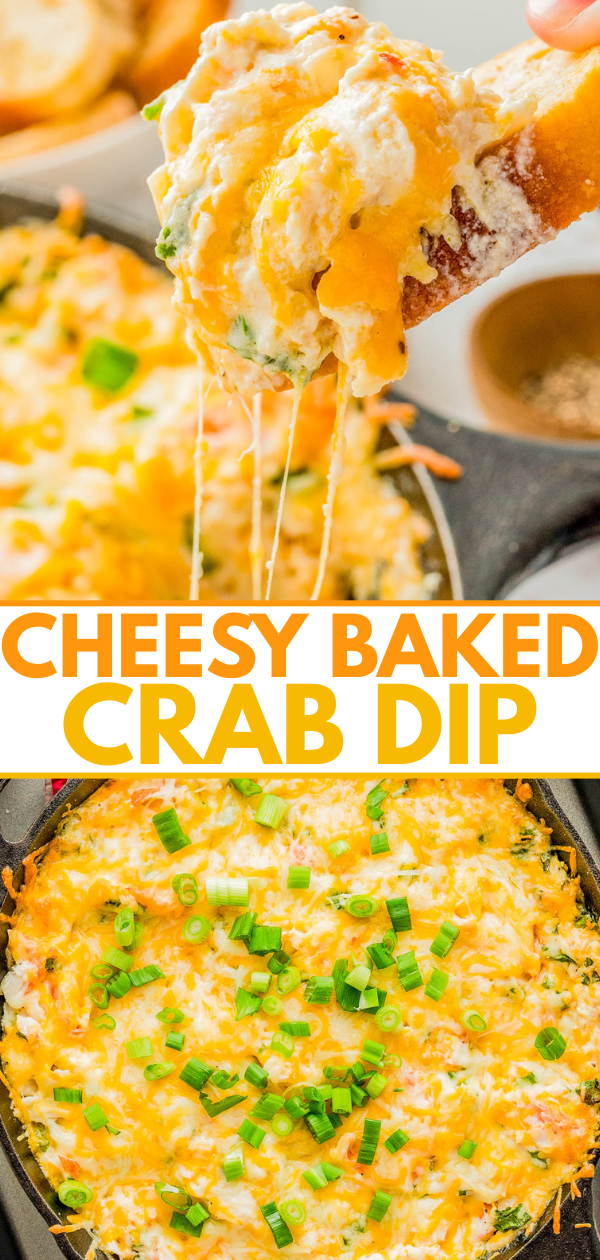 A close-up of cheesy baked crab dip topped with chopped green onions, with a piece of bread being dipped and cheese stretching.