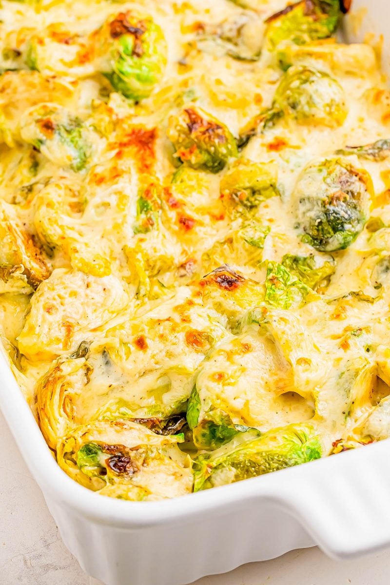 A close-up of a baked casserole dish filled with creamy Brussels sprouts in a cheesy sauce, with browned spots on top.