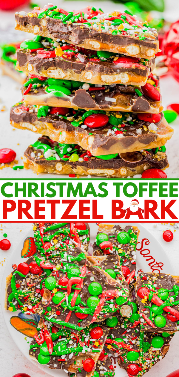 A stack and a plate of Christmas toffee pretzel bark topped with chocolate, red and green candies, and festive sprinkles. The word "Christmas Toffee Pretzel Bark" is displayed in bold text.