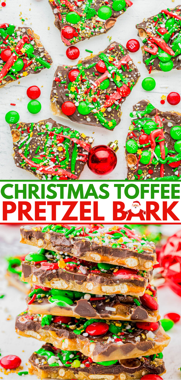 Chocolate-covered toffee pretzel bark topped with red and green candies and sprinkles, arranged on a white surface with some pieces stacked. Text reads "Christmas Toffee Pretzel Bark.