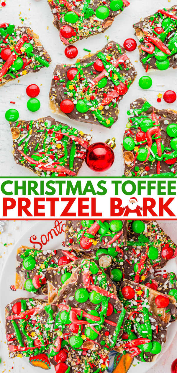 Colorful Christmas toffee pretzel bark pieces topped with red and green candy, sprinkles, and chocolate, arranged on a white surface and a festive plate. Text overlay reads "Christmas Toffee Pretzel Bark.