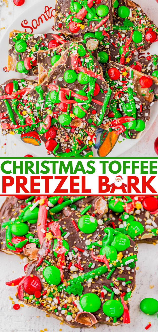 Close-up of Christmas toffee pretzel bark topped with green and red candies, pretzel pieces, chocolate, and festive sprinkles on a white surface.