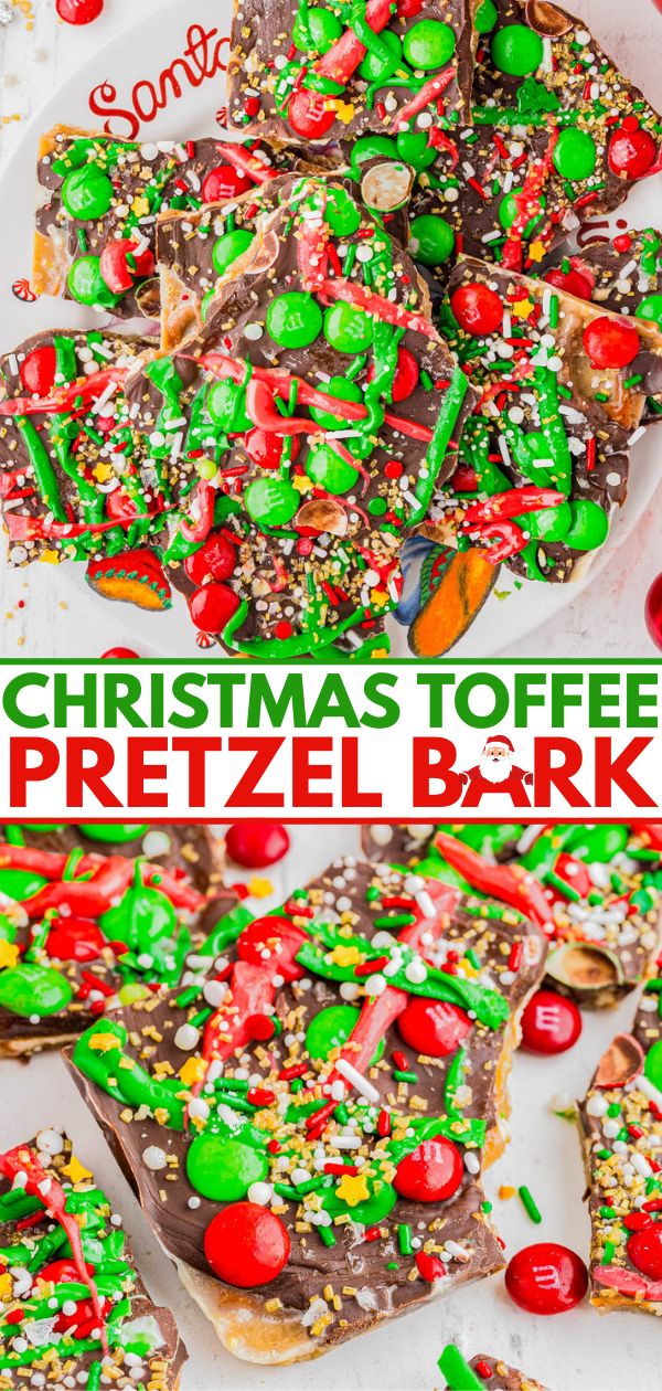 A plate of chocolate-covered pretzel bark topped with red and green candies and sprinkles, labeled โChristmas Toffee Pretzel Bark.โ.