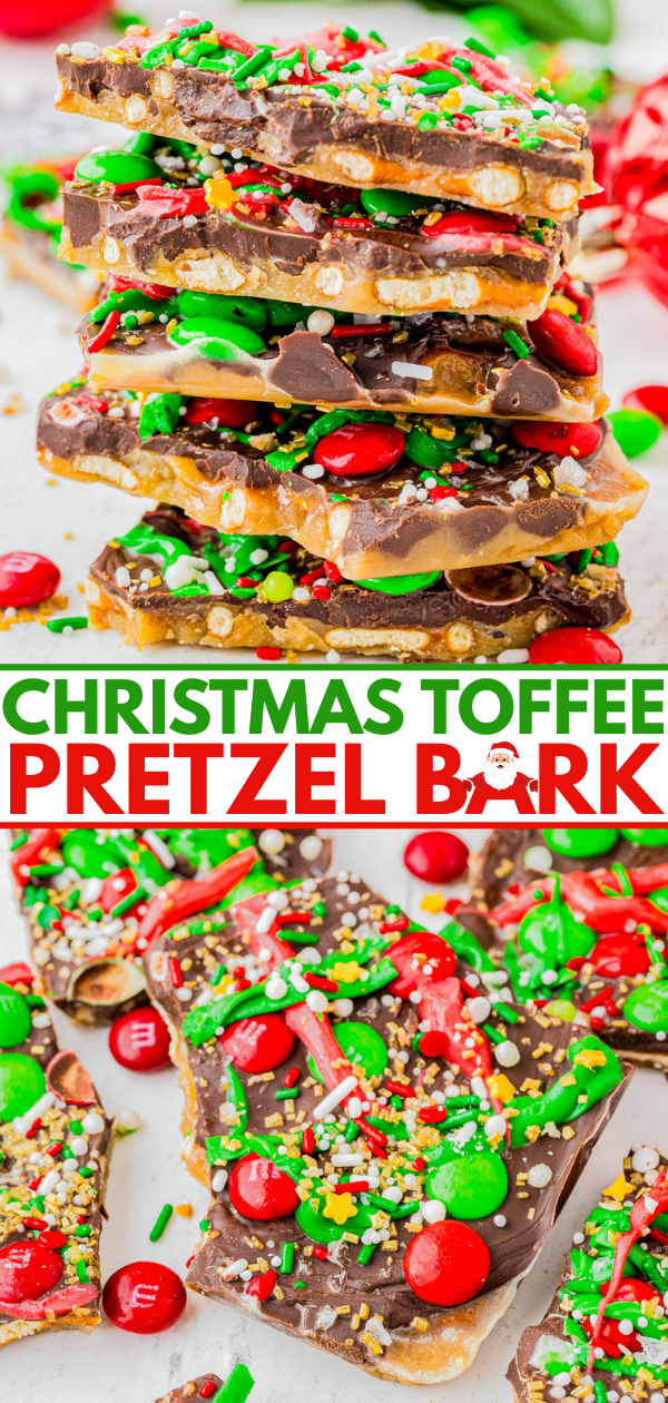 A stack of Christmas toffee pretzel bark topped with chocolate, red and green candies, and sprinkles, with more pieces scattered around.
