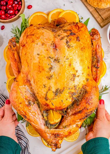 A roasted turkey garnished with orange slices and herbs is placed on a serving platter; hands with red nail polish are holding the platter.