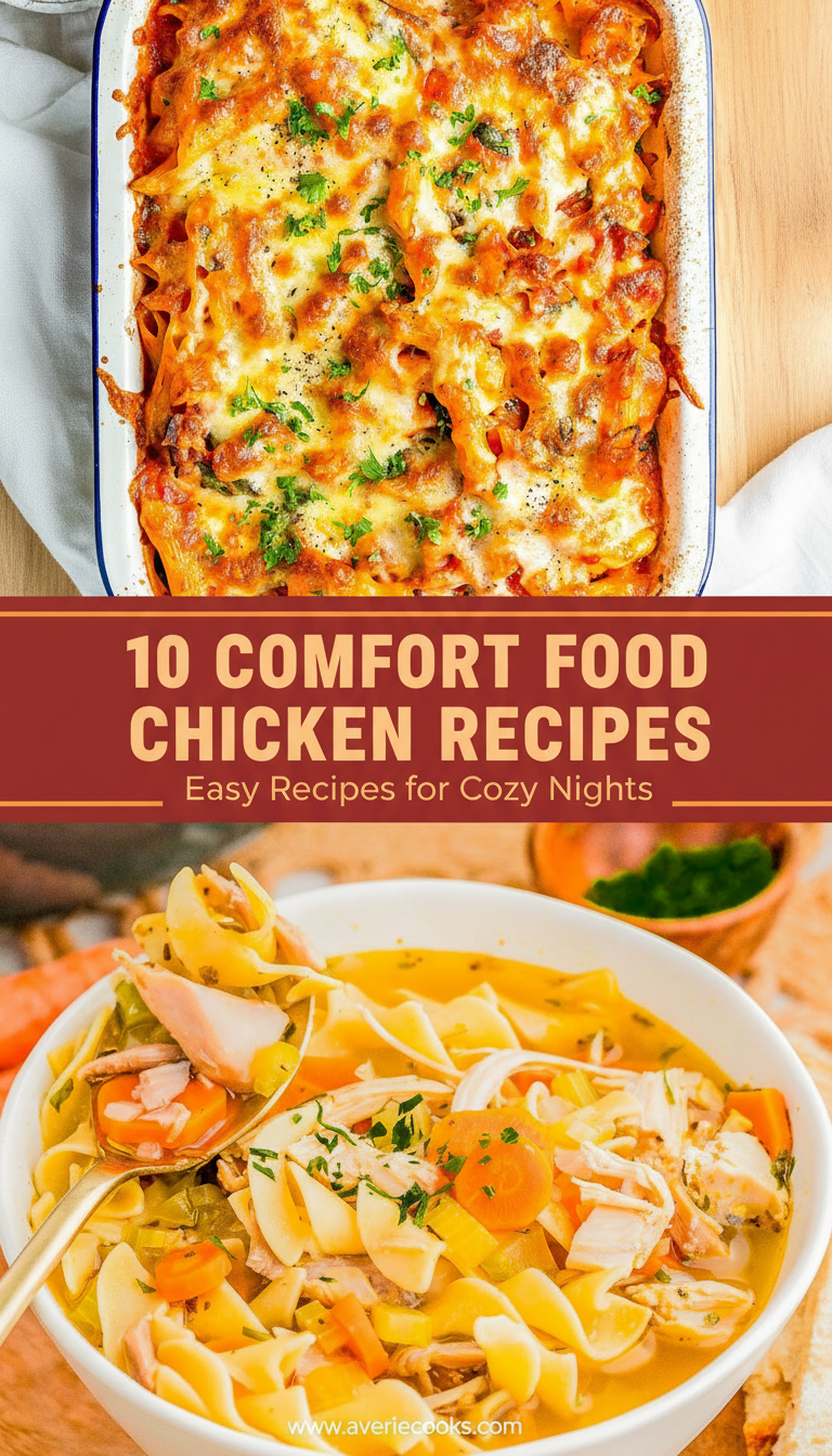 A baked cheesy chicken casserole and a bowl of chicken noodle soup are shown, with text reading โ10 Comfort Food Chicken Recipes โ Easy Recipes for Cozy Nights.โ.