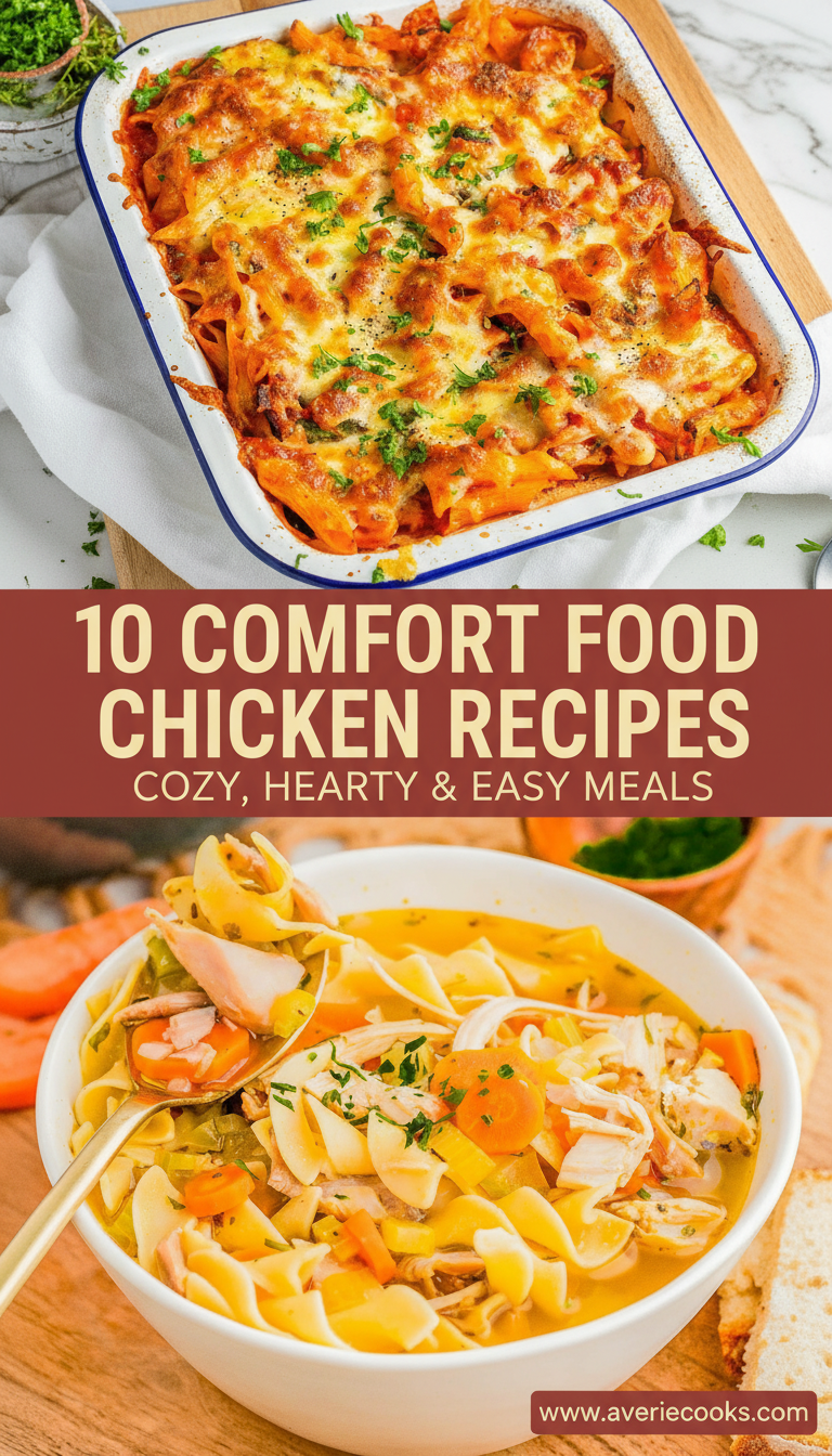 A baked cheesy pasta dish and a bowl of chicken noodle soup are shown above the text โ10 Comfort Food Chicken Recipes - Cozy, Hearty & Easy Meals.โ.
