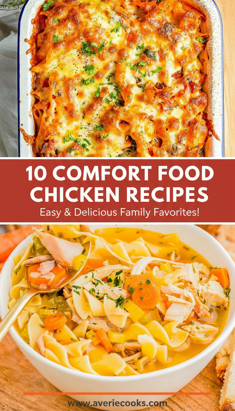 A baked cheesy pasta dish and a bowl of chicken noodle soup, with text overlay promoting 10 comfort food chicken recipes from averiecooks.com.