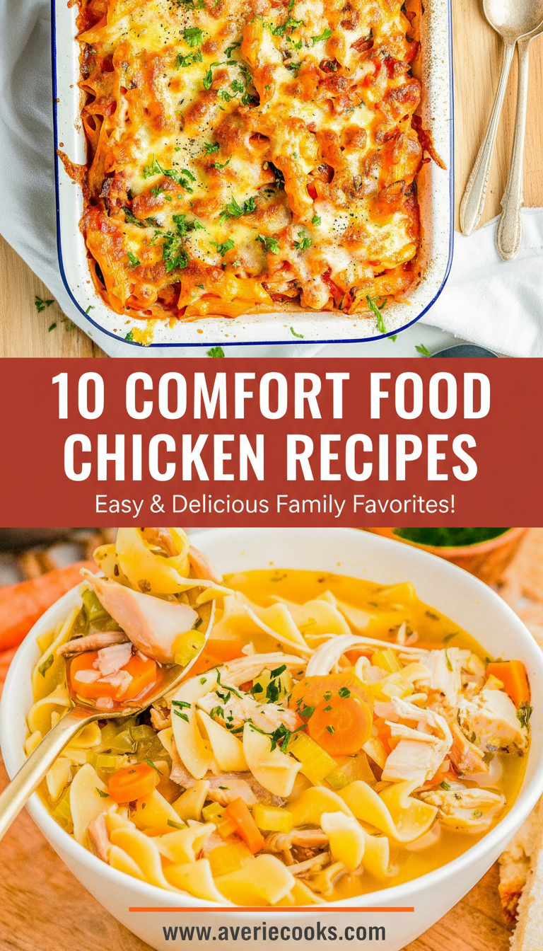 Top: Baked cheesy chicken casserole. Bottom: Bowl of chicken noodle soup with vegetables. Text overlay: "10 Comfort Food Chicken Recipes โ Easy & Delicious Family Favorites! www.averiecooks.com.