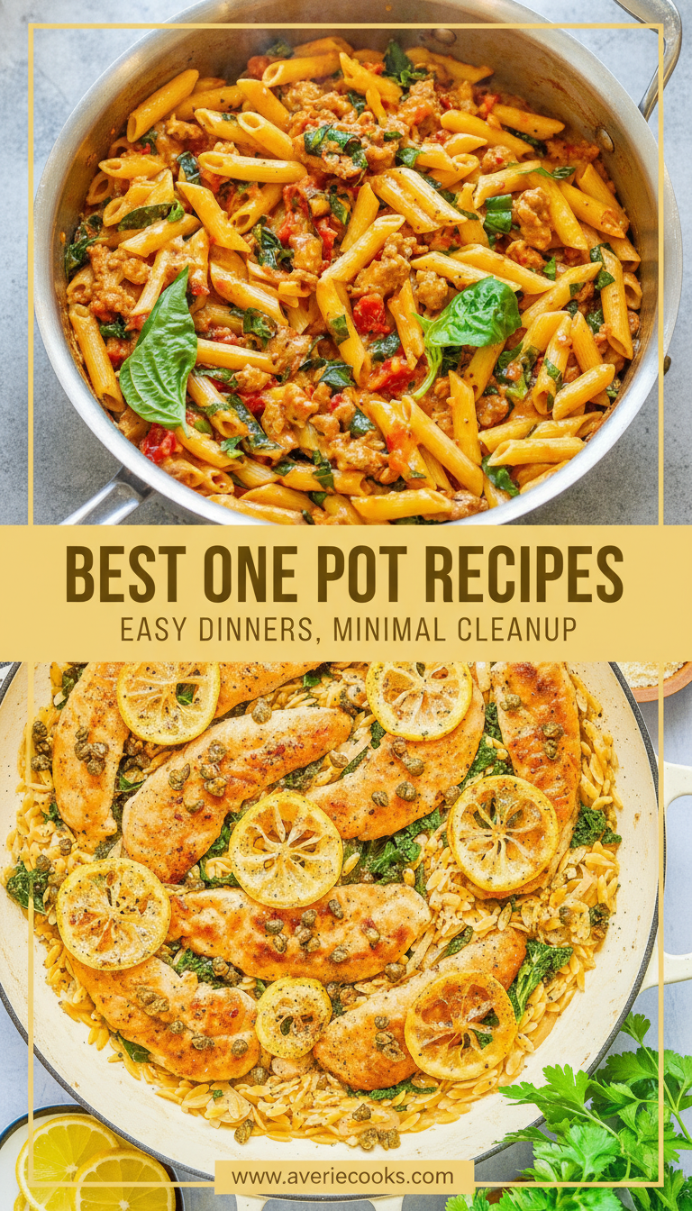 Top image shows a pot of penne pasta with vegetables; bottom image shows a skillet of chicken with lemon slices and herbs. Text overlay reads: "Best One Pot Recipes. Easy Dinners, Minimal Cleanup.