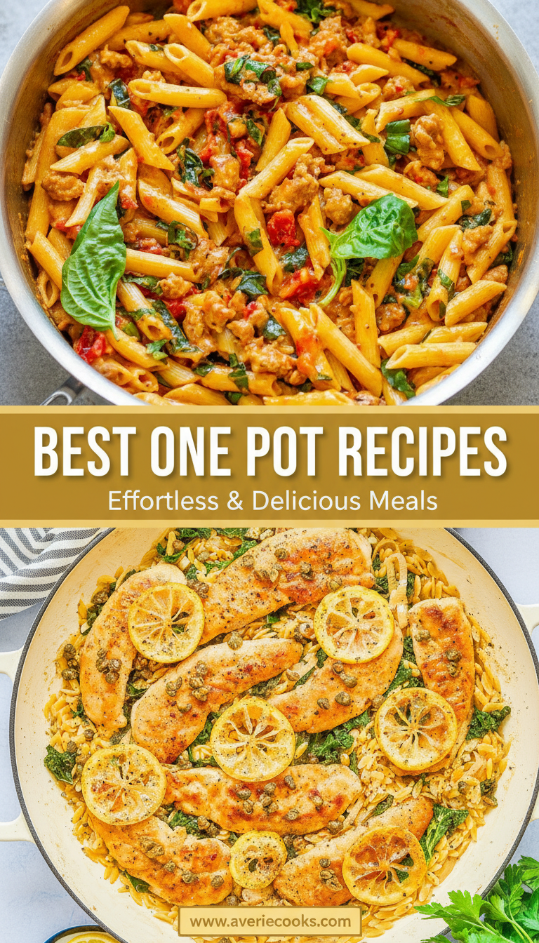 Two skillet dishes: one with penne pasta, vegetables, and spinach, and another with lemon chicken and orzo, both labeled as "Best One Pot Recipes: Effortless & Delicious Meals.