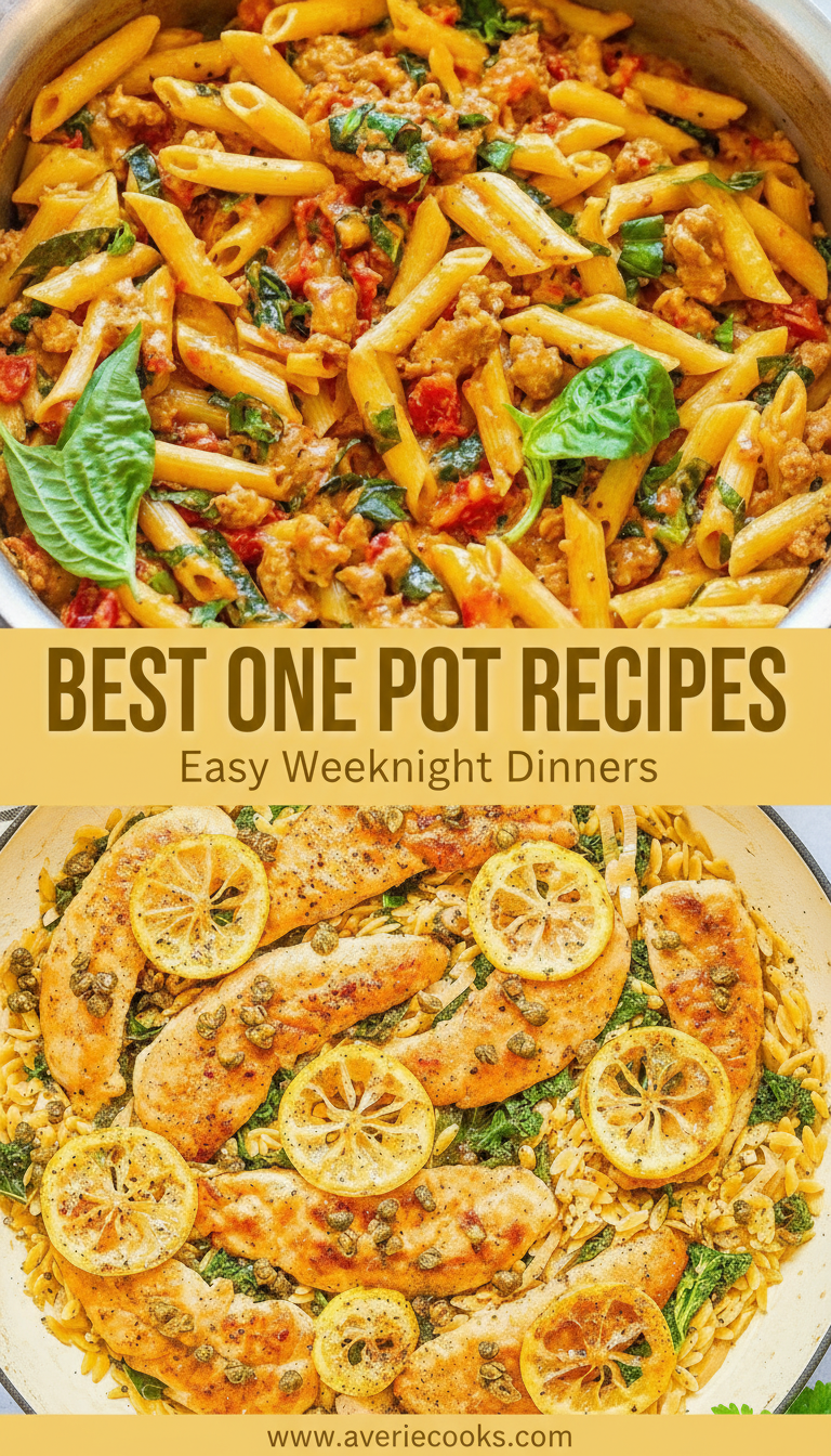 Two images of pasta dishes in large pans: one with penne, sausage, spinach, and tomatoes, and the other with chicken breasts, lemon slices, and spinach over spiral pasta.
