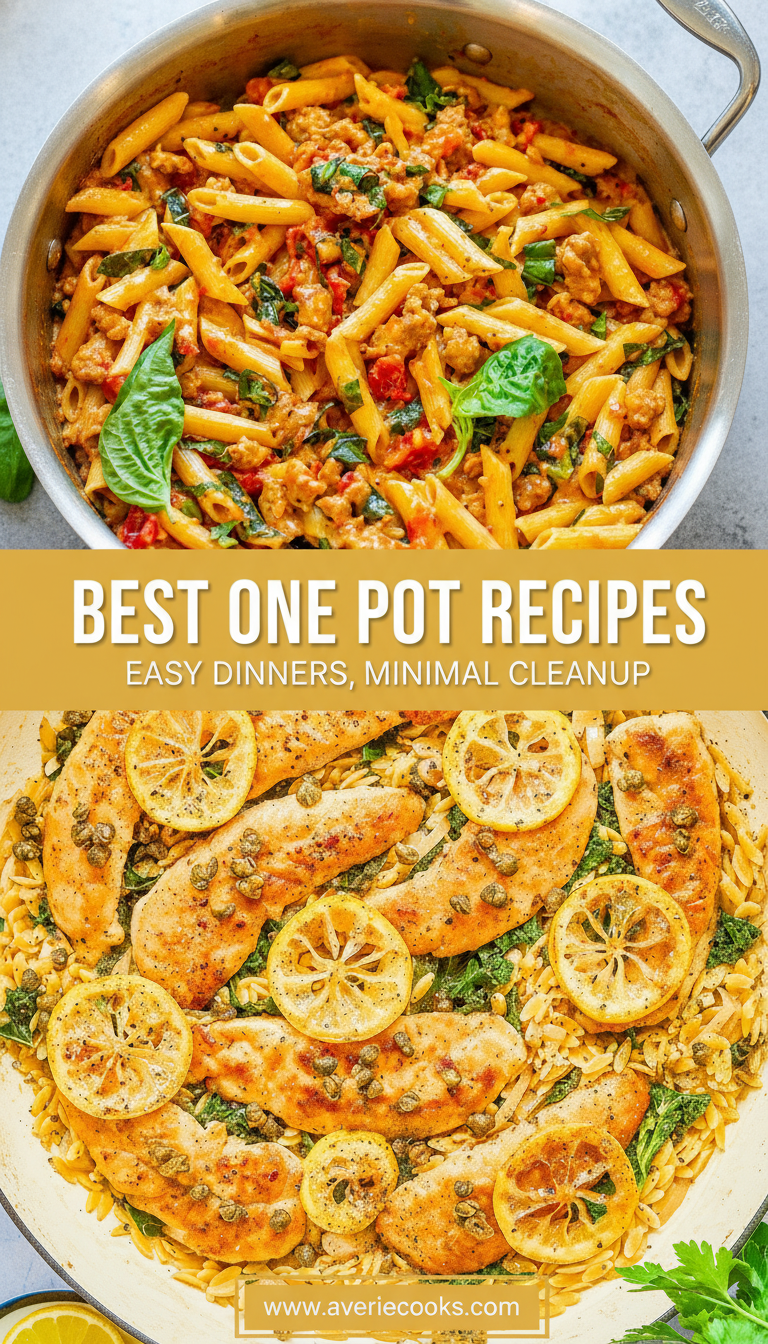 A pot of penne pasta with vegetables and a skillet of lemon chicken with orzo, both garnished with herbs. Text reads: "Best One Pot Recipes - Easy Dinners, Minimal Cleanup.