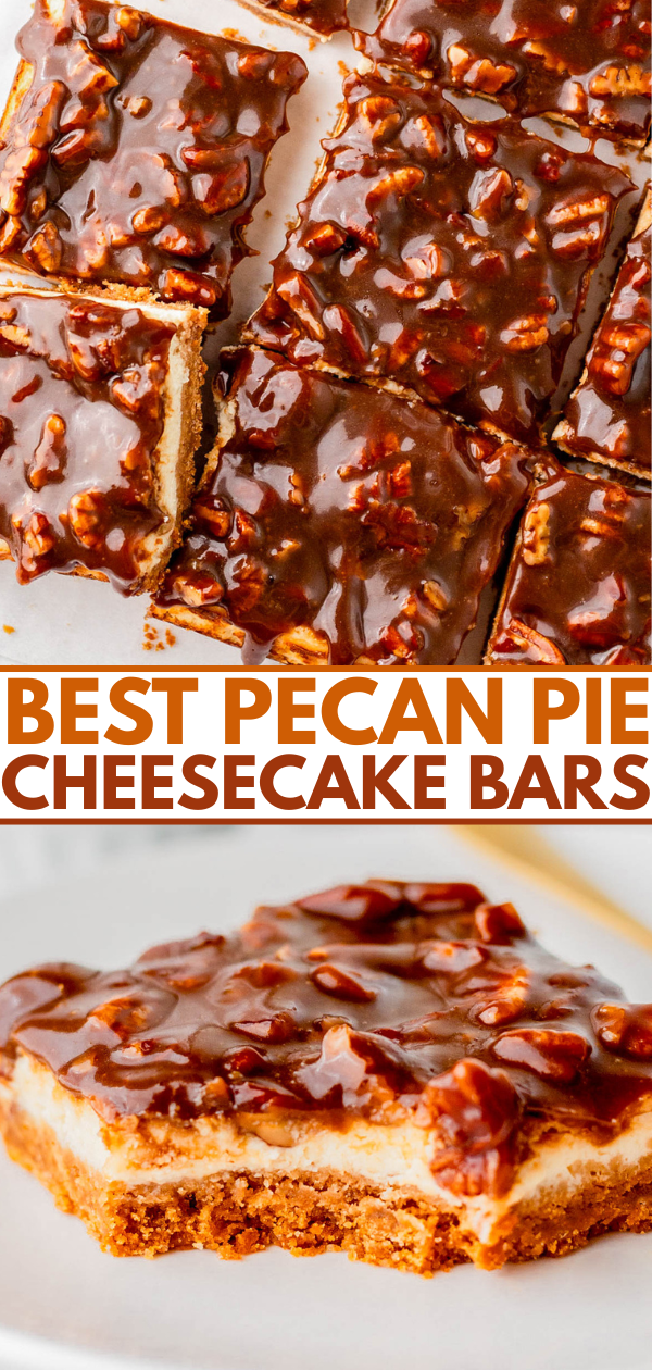 Sliced pecan pie cheesecake bars with a glossy pecan topping are shown on a white surface, with one bar served on a plate below.