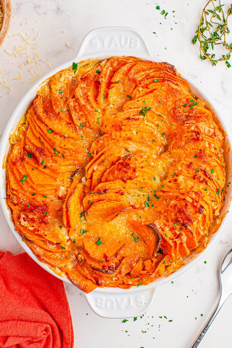 A round white baking dish filled with a layered, golden-brown sweet potato gratin topped with herbs, sitting on a white surface with a red napkin nearby.