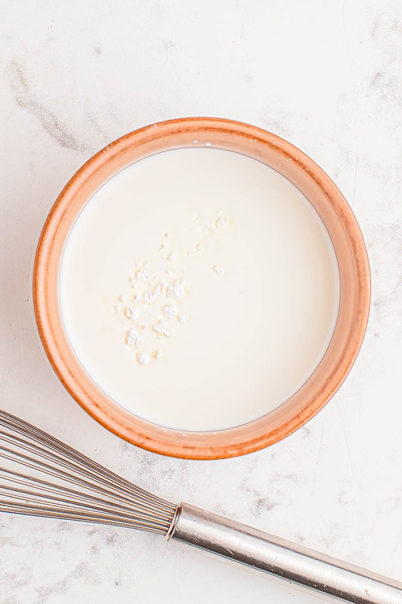 A bowl of milk with some white powder sprinkled on top stands next to a metal whisk on a white surface.