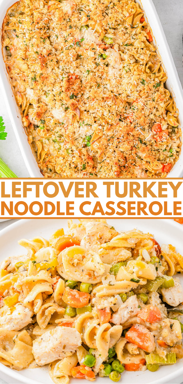 A baked turkey noodle casserole in a white dish, topped with breadcrumbs, and a plated serving showing turkey, noodles, peas, carrots, and celery.