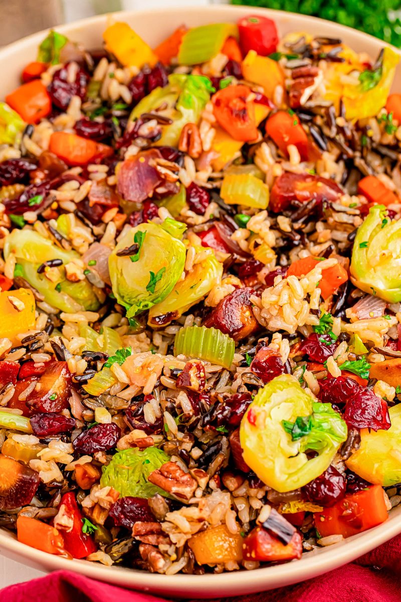 Colorful salad with wild rice, Brussels sprouts, celery, carrots, dried cranberries, and pecans, served in a large bowl.