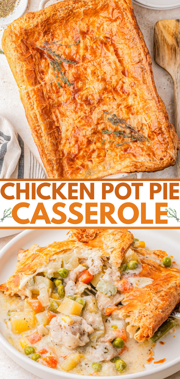 Rectangular chicken pot pie casserole with golden, flaky crust shown whole and served on a plate, revealing a filling of chicken, peas, carrots, and potatoes.