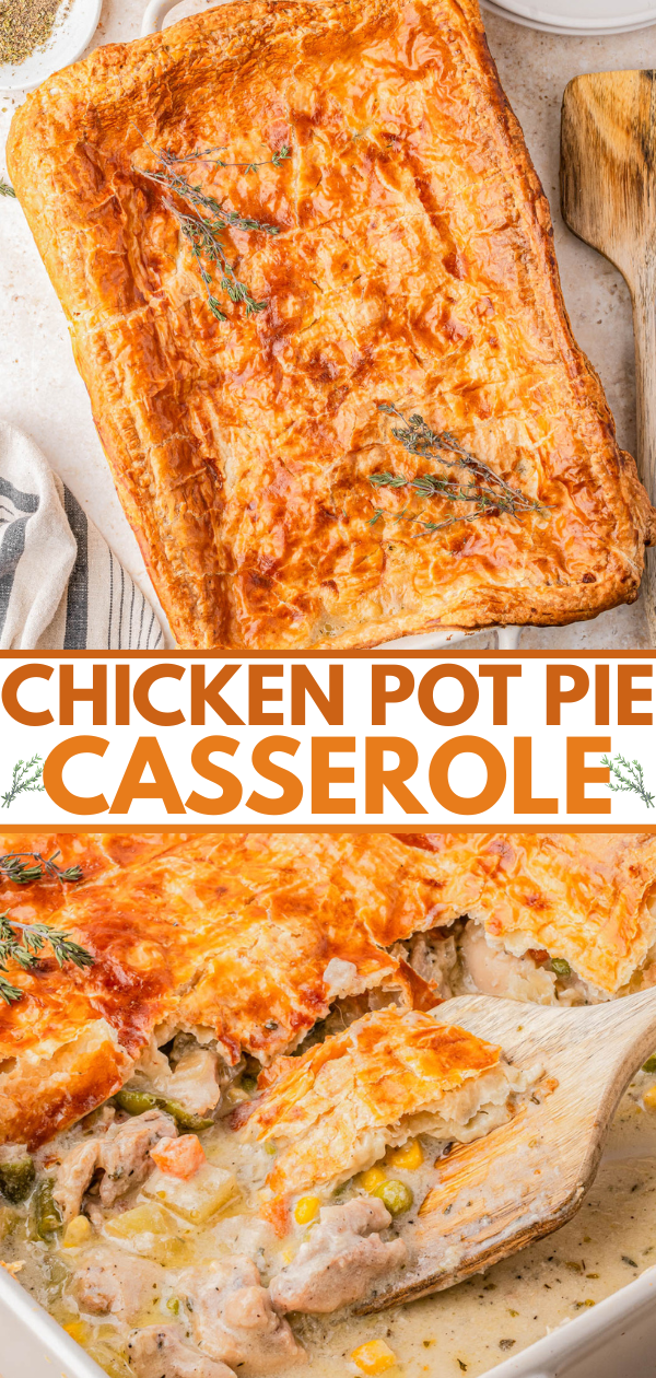 A baked chicken pot pie casserole with a golden, flaky crust, garnished with herbs. A wooden spoon reveals a creamy chicken and vegetable filling inside.