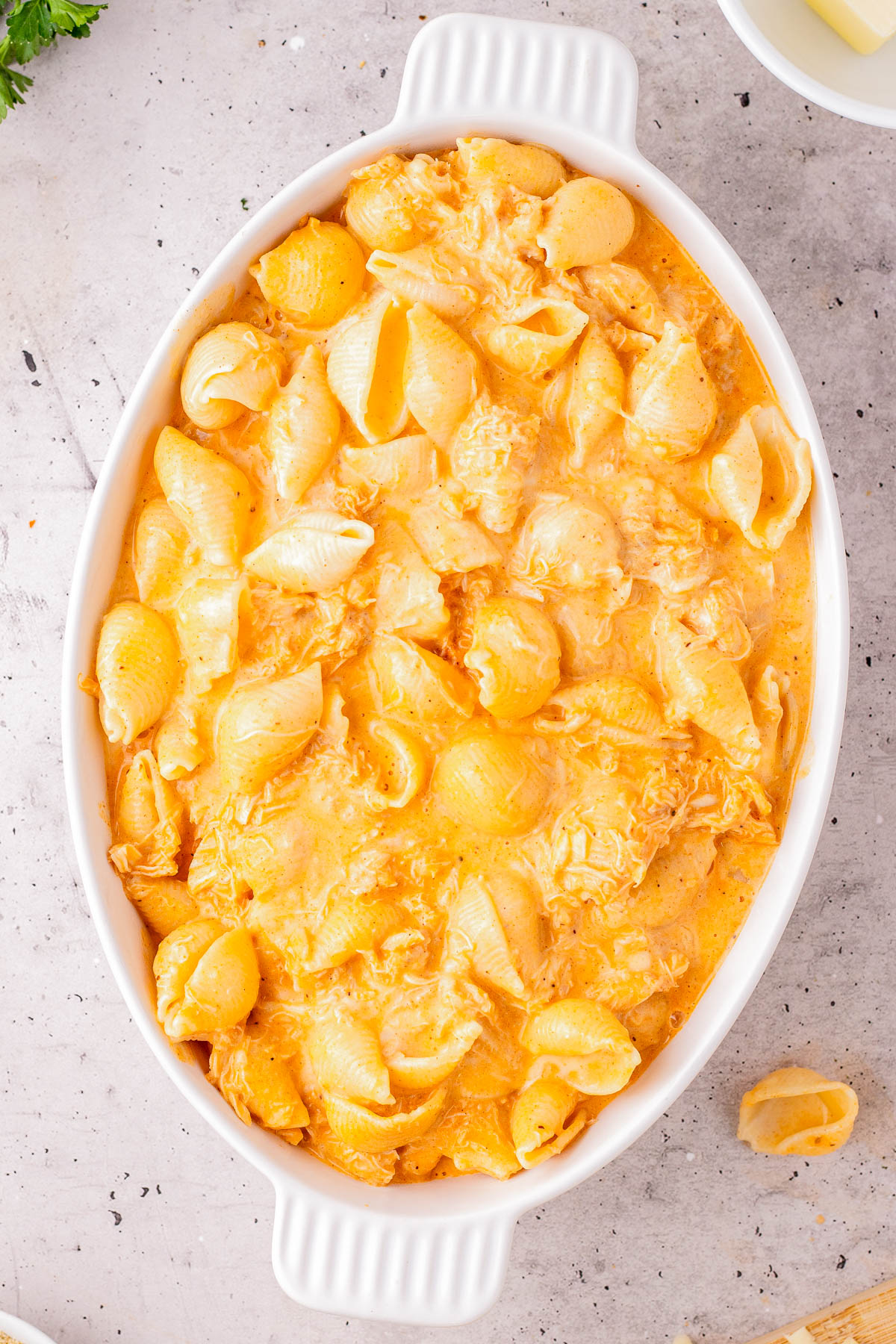 A white oval baking dish filled with cooked pasta shells mixed with shredded chicken and melted cheese, set on a light countertop.