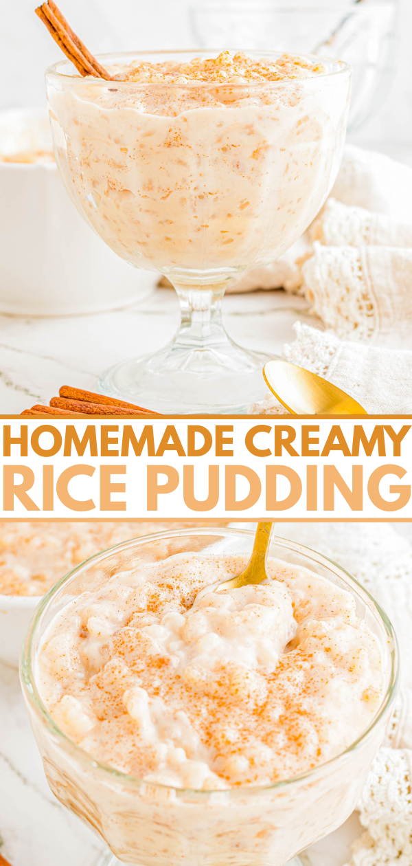 A glass dessert dish filled with creamy rice pudding, topped with cinnamon and a cinnamon stick, with a gold spoon next to it. Text reads: "Homemade Creamy Rice Pudding.