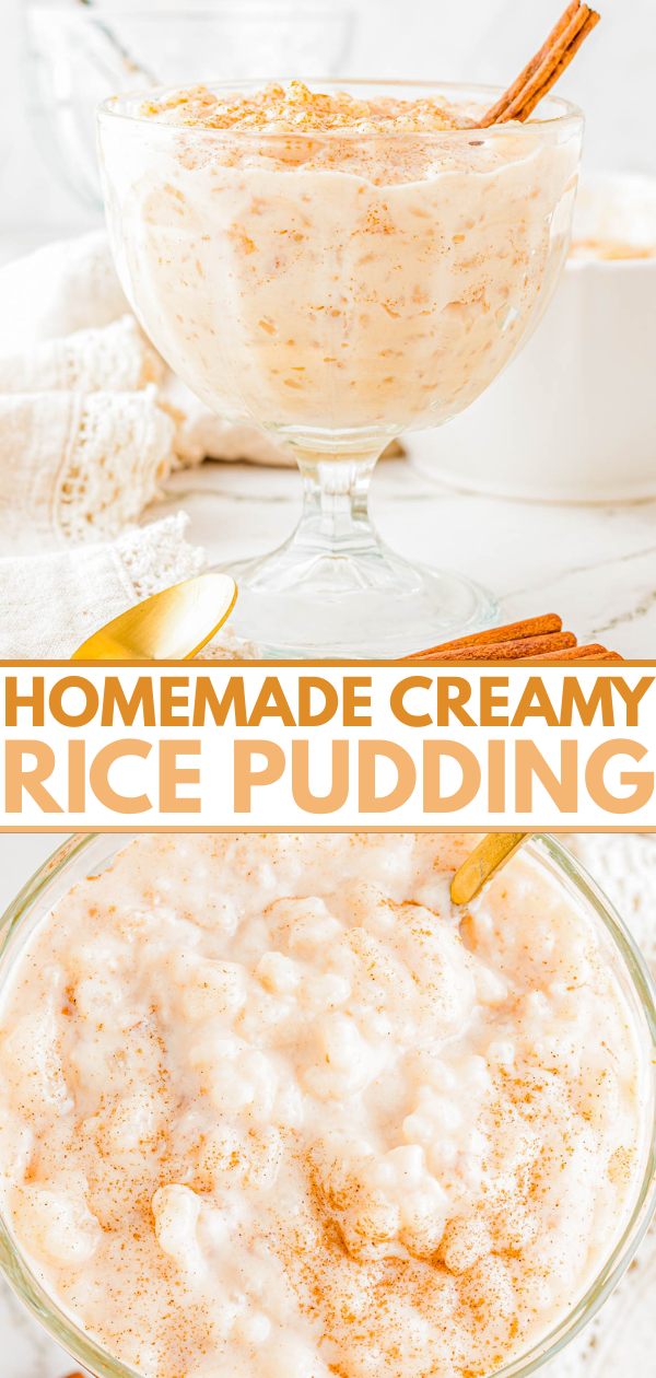 A glass bowl of creamy rice pudding garnished with cinnamon and a cinnamon stick, with a gold spoon and napkin beside it. Text reads "Homemade Creamy Rice Pudding.