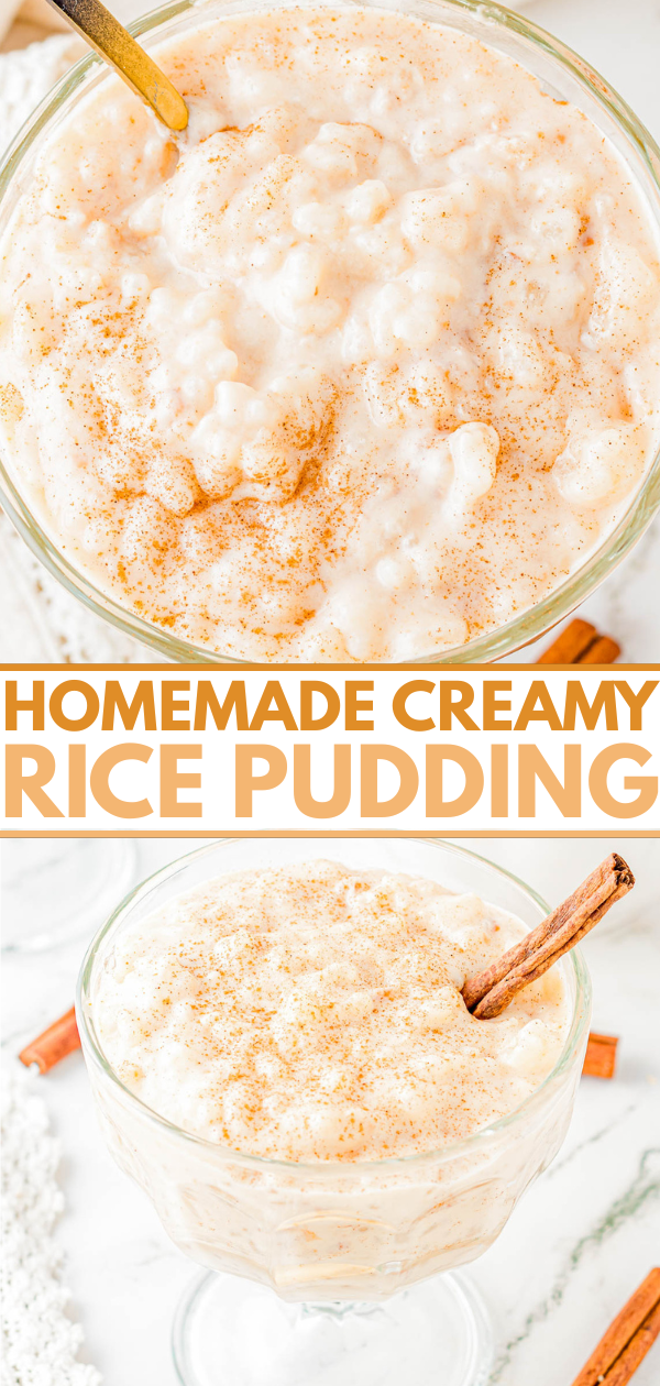 A glass dish of creamy rice pudding topped with ground cinnamon, shown from above and at an angle, with a cinnamon stick garnish. Text overlay reads "Homemade Creamy Rice Pudding.
