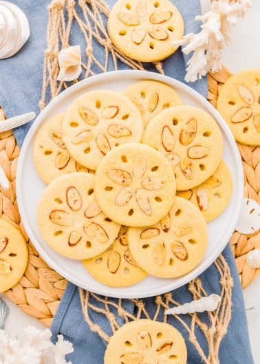 A plate of round cookies decorated to look like sand dollars, arranged on a blue cloth with seashells and decorative coral nearby.