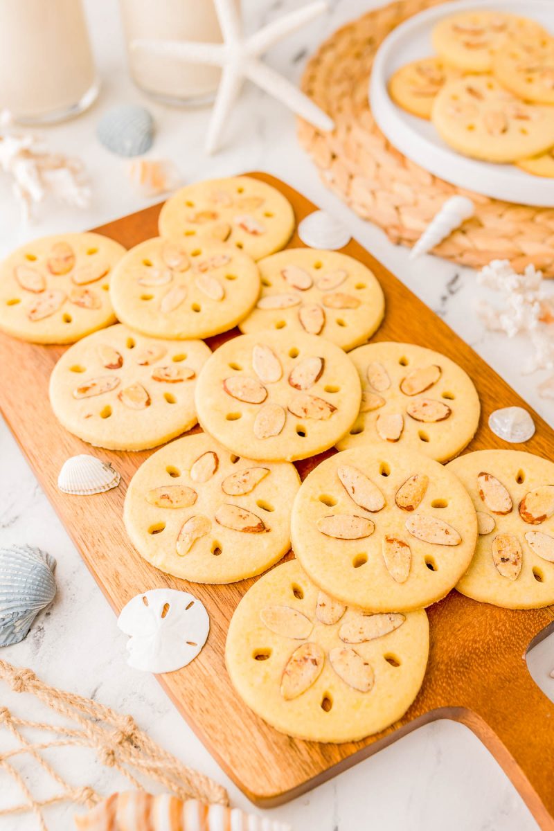Round cookies decorated to resemble sand dollars are arranged on a wooden serving board, with seashells and nautical decor placed nearby.