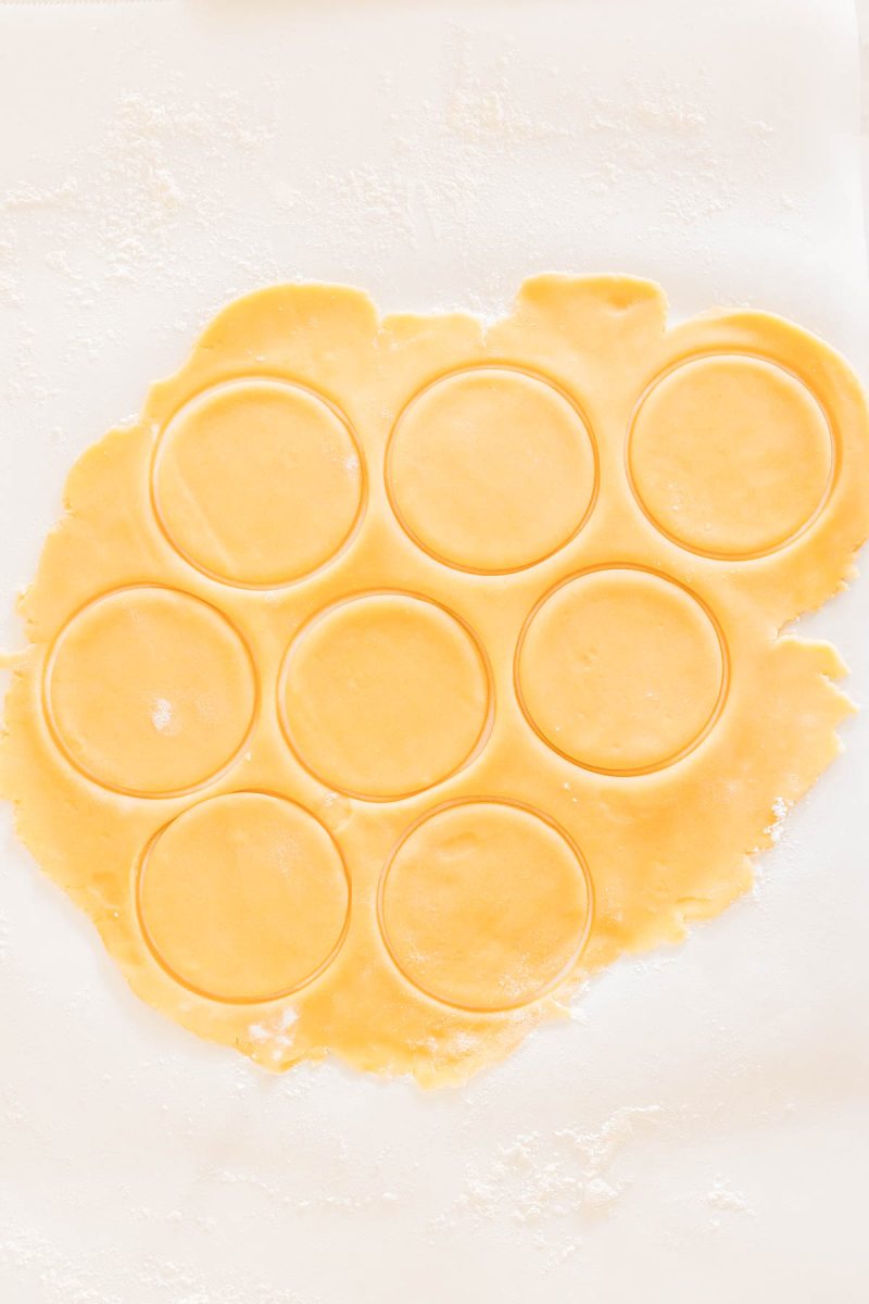 Rolled-out dough with nine circular shapes cut out, resting on a floured surface.