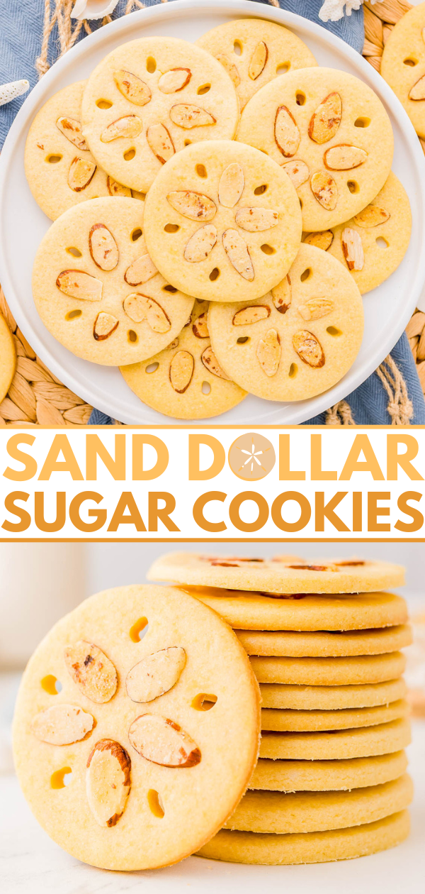 A plate and stack of round sugar cookies decorated to resemble sand dollars with almond slivers and small cut-out shapes.