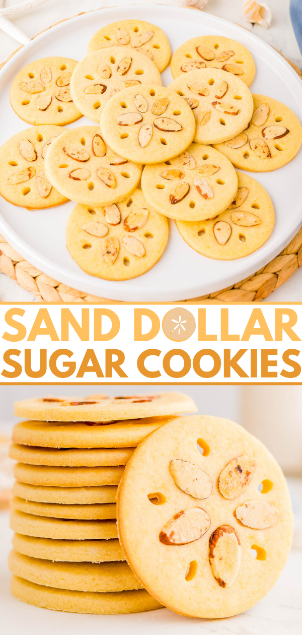 A plate of round sand dollar sugar cookies with almond slices on top, and a stack of similar cookies shown below.