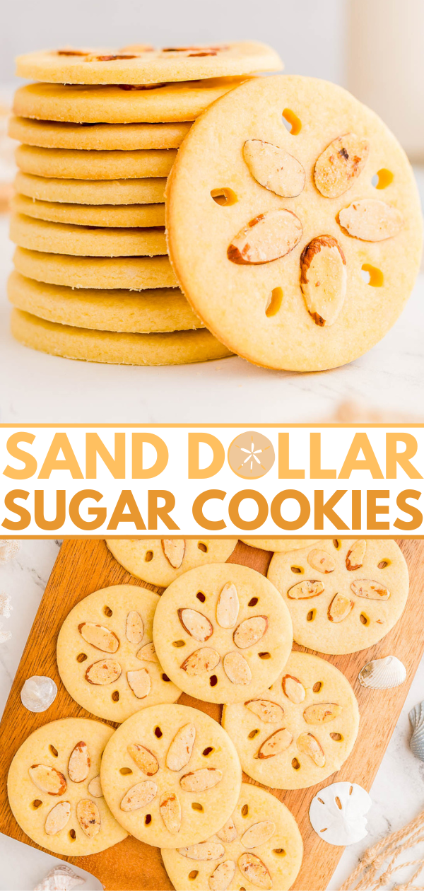 A stack of round sugar cookies decorated to resemble sand dollars, with almond slivers as accents, displayed on a wooden board and a white surface.