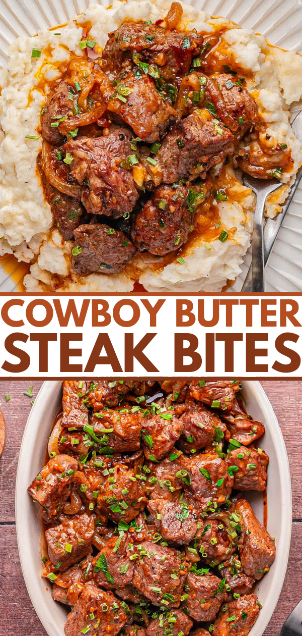 Two images show cooked steak bites topped with herbs; the first is served over mashed potatoes on a plate, the second shows steak bites in a large white serving dish.
